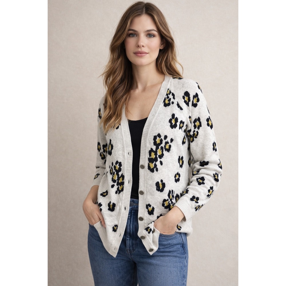Cabi Womens Cardigan Sweater M Gray Black Yellow Floral Leopard Print Button Up